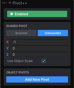 The Pivot++ overlay in Unbounded mode with exact X, Y and Z value fields and the Use Object Scale toggle.