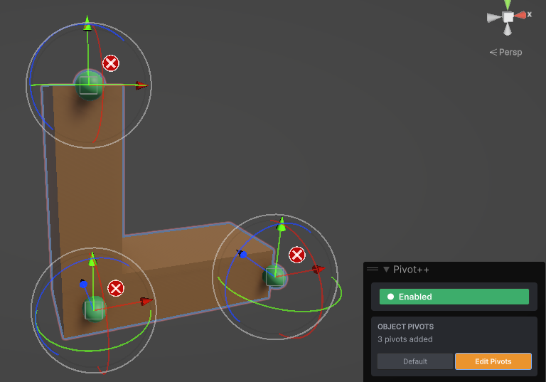 Edit Pivots mode: each saved pivot shows move and rotate handles and a red delete button.