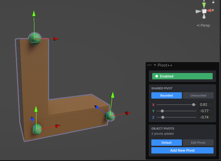 An L-shaped mesh in the Scene view with three saved pivots, one at each corner.